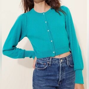 Free People 100% pearl Cashmere Cardigan Teal Puff Sleeve Pearl Buttons S boho